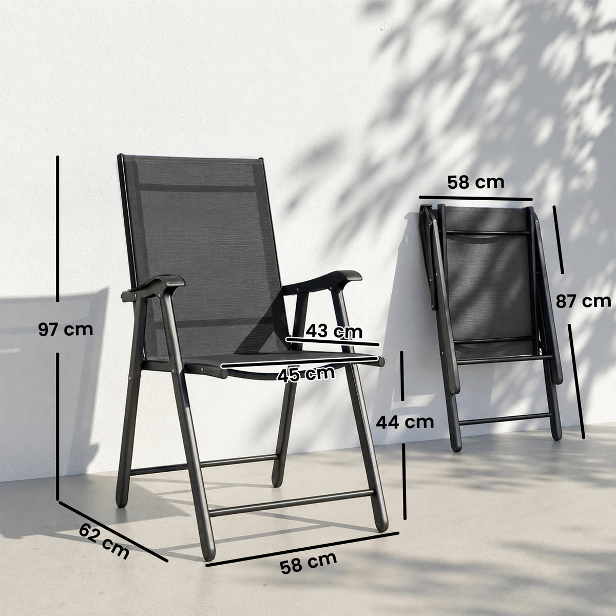Lot de 4 Chaises de Jardin Pliantes Structure Acier Robuste sans Montage Dossier Haut Ergonomique 58x62x97cm Noir-2