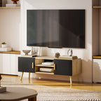 Meuble TV meuble télé bois banc TV jusqu'à 50 pouces avec étagères, 2 placards et passe-câbles, chêne-8