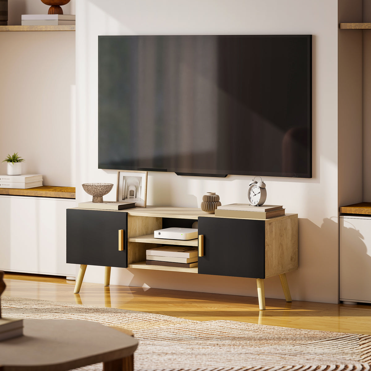 Meuble TV meuble télé bois banc TV jusqu'à 50 pouces avec étagères, 2 placards et passe-câbles, chêne-8