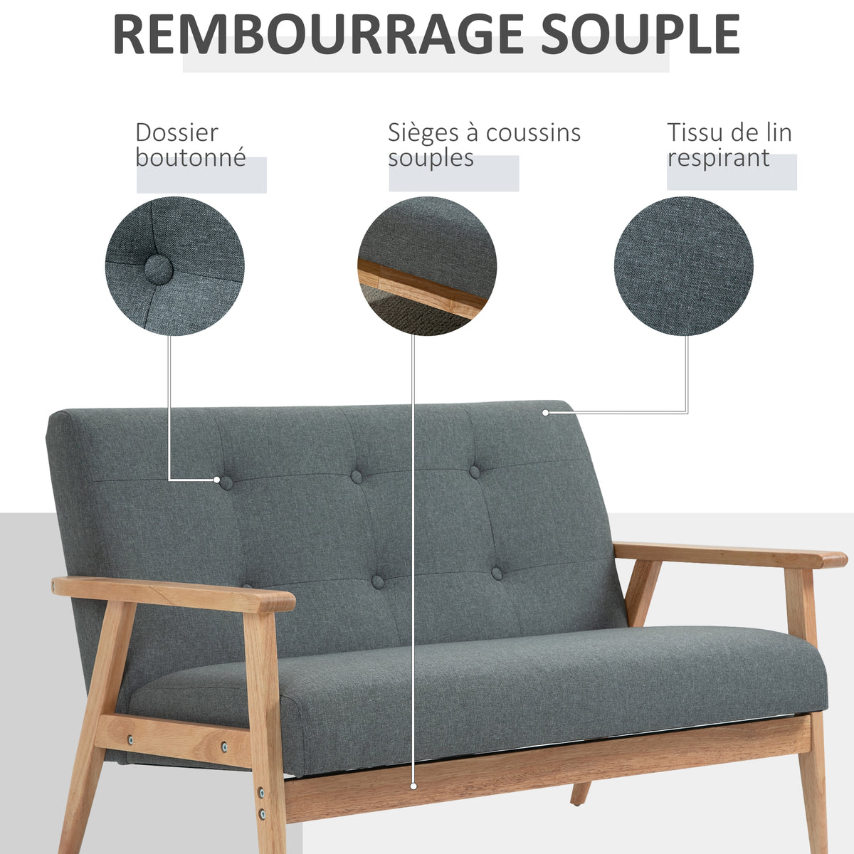 Canapé 2 places style scandinave avec accoudoirs, pieds en bois, 115l x 66,5P x 73H cm, gris-3
