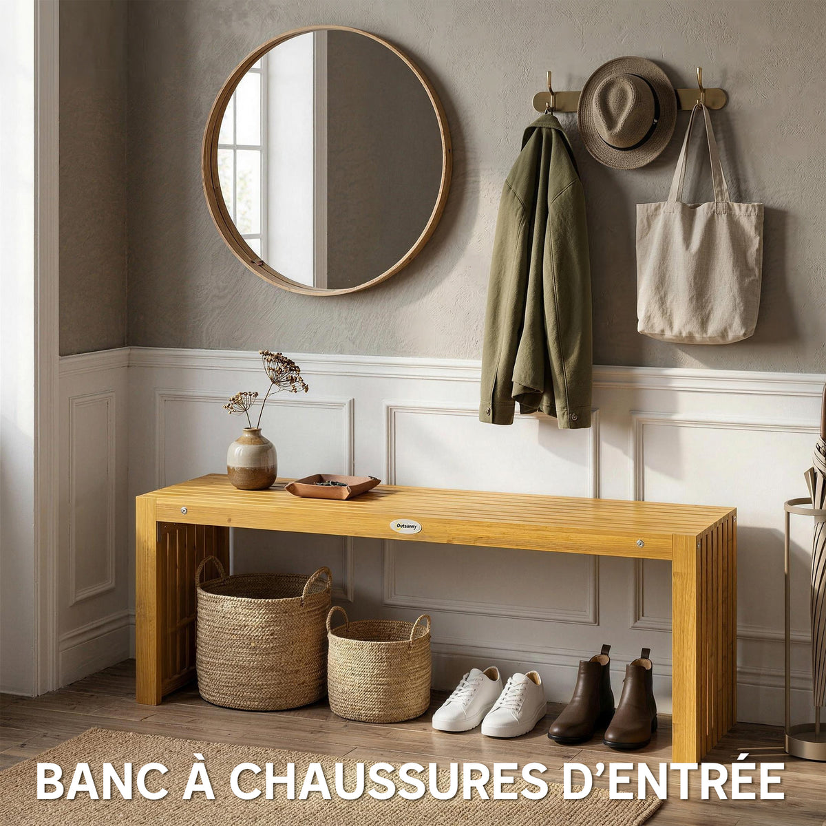 Banc de Jardin en Bois d'Acacia sans Dossier 2 Places, Assise à Lattes Effet Bois, 110x30x45cm, Bois naturel-6