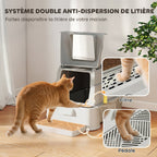 Bac à Litière pour Chat 80L en Inox avec Couvercle Rabattable à 180°, Tiroir Coulissant, Pelle, 63x43x43cm, Gris Clair-7