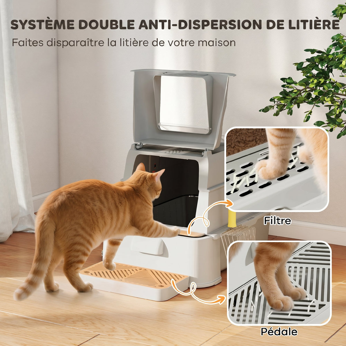 Bac à Litière pour Chat 80L en Inox avec Couvercle Rabattable à 180°, Tiroir Coulissant, Pelle, 63x43x43cm, Gris Clair-7