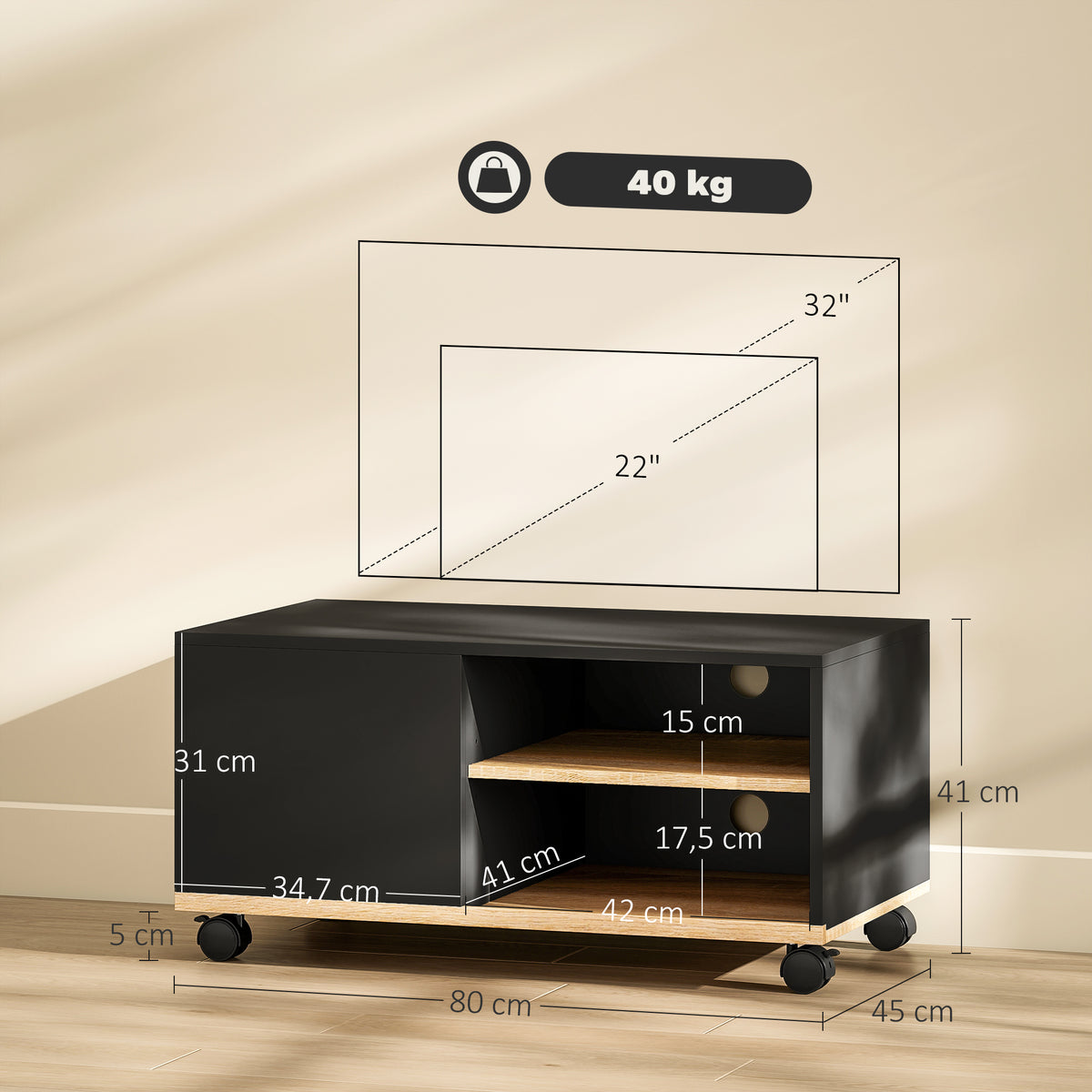 Meuble TV sur roulettes avec 2 Freins - 2 niches + Placard Porte 2 Passe-Fil - en bois Noir chêne Clair-2