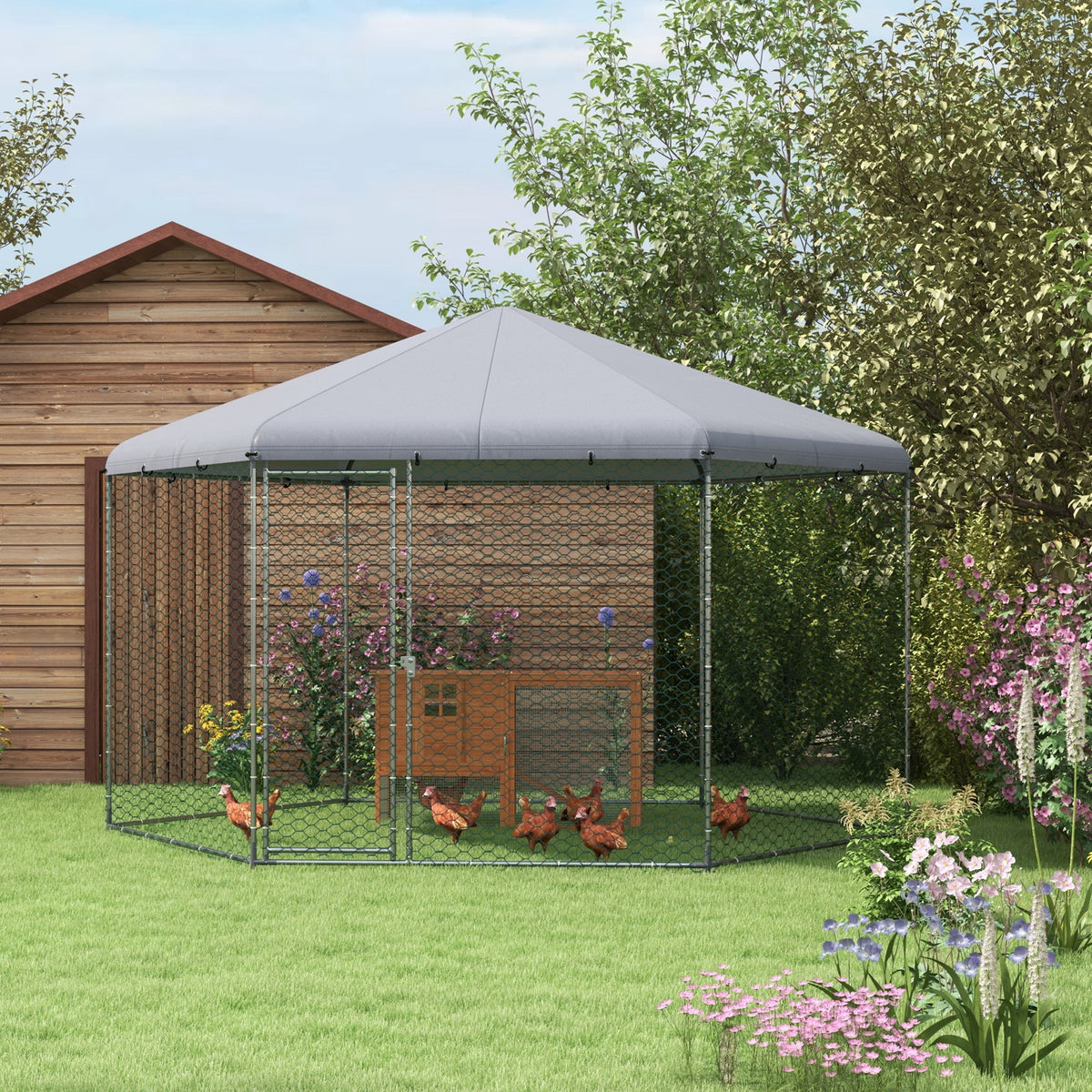 Enclos poulailler extérieur 10 m² parc grillagé 400 x 346 x 263 cm - espace couvert - 10-15 poules-1