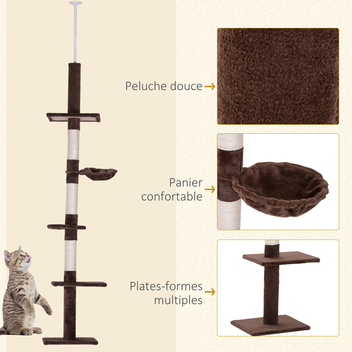 Arbre chat du sol au plafond poteau à griffer L40 x l 34 x H 230-260 cm 5 niveaux d'activités marron-5