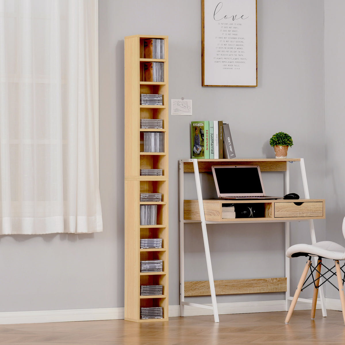 Lot de 2 étagères colonnes Armoire de Rangement CD-DVD 6 + 6 Compartiments dim. 21L x 19l x 88H cm capacité Max. 160 CD Naturel-8