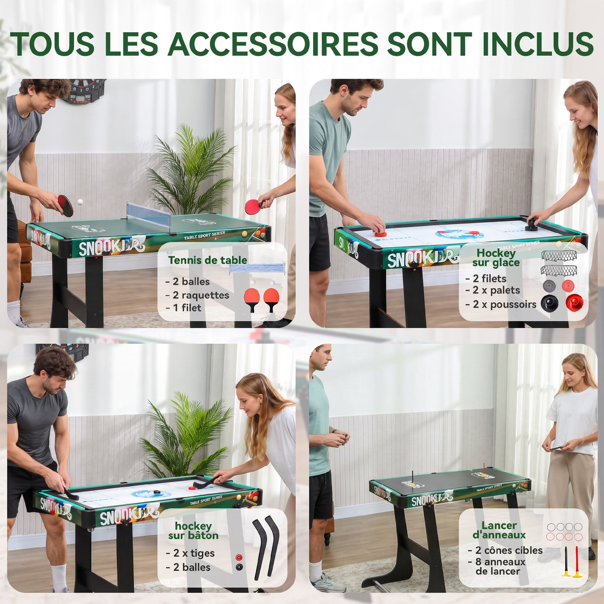 Table Multi-Jeux 6-en-1, Baby-Foot, Billard, Ping-Pong, Hockey, Jeu d'Anneaux, 118x104x71cm, Multicolore-6