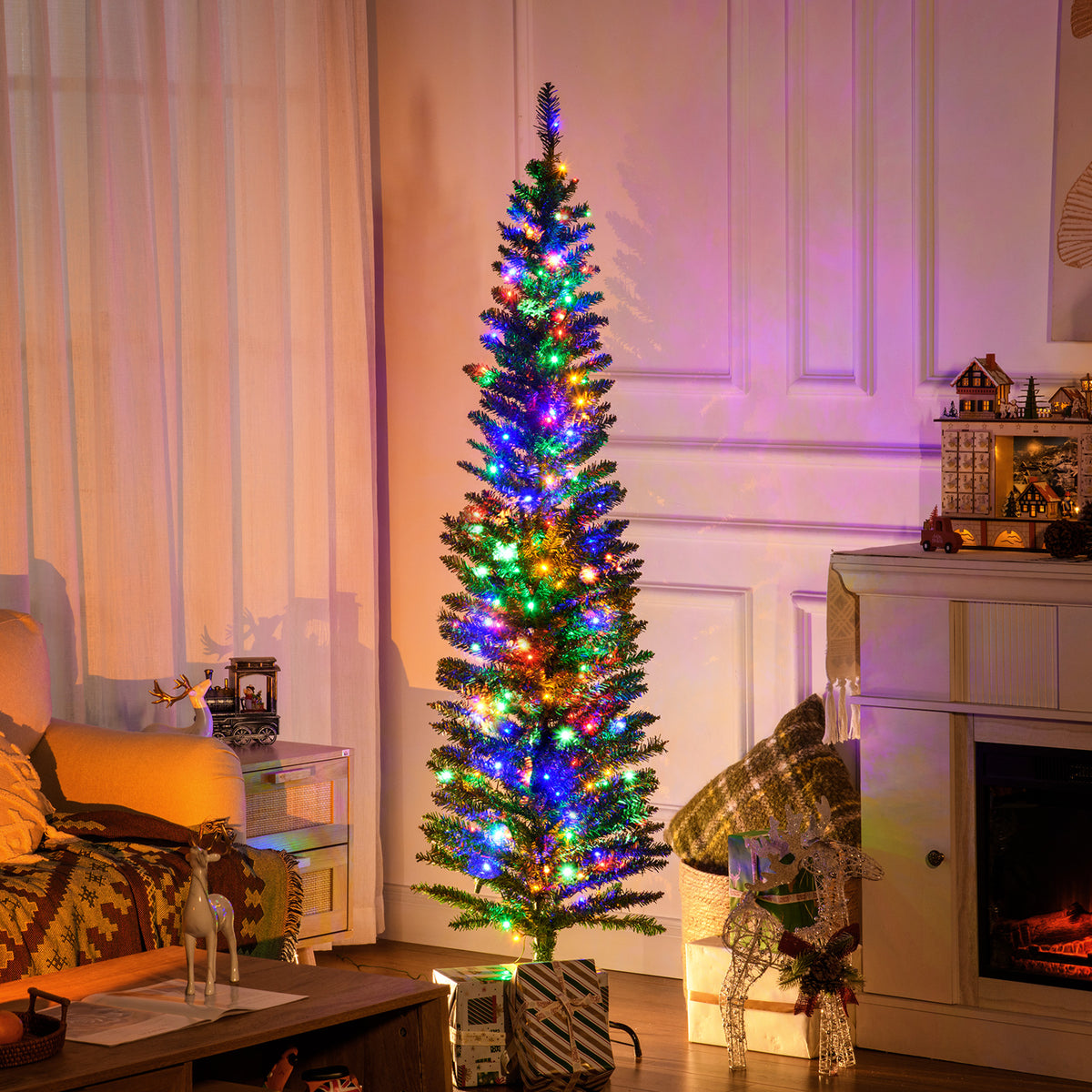 Sapin de Noël artificiel lumineux en forme de crayon 180 cm 150 lumières multicolores 390 branches base en acier vert-1