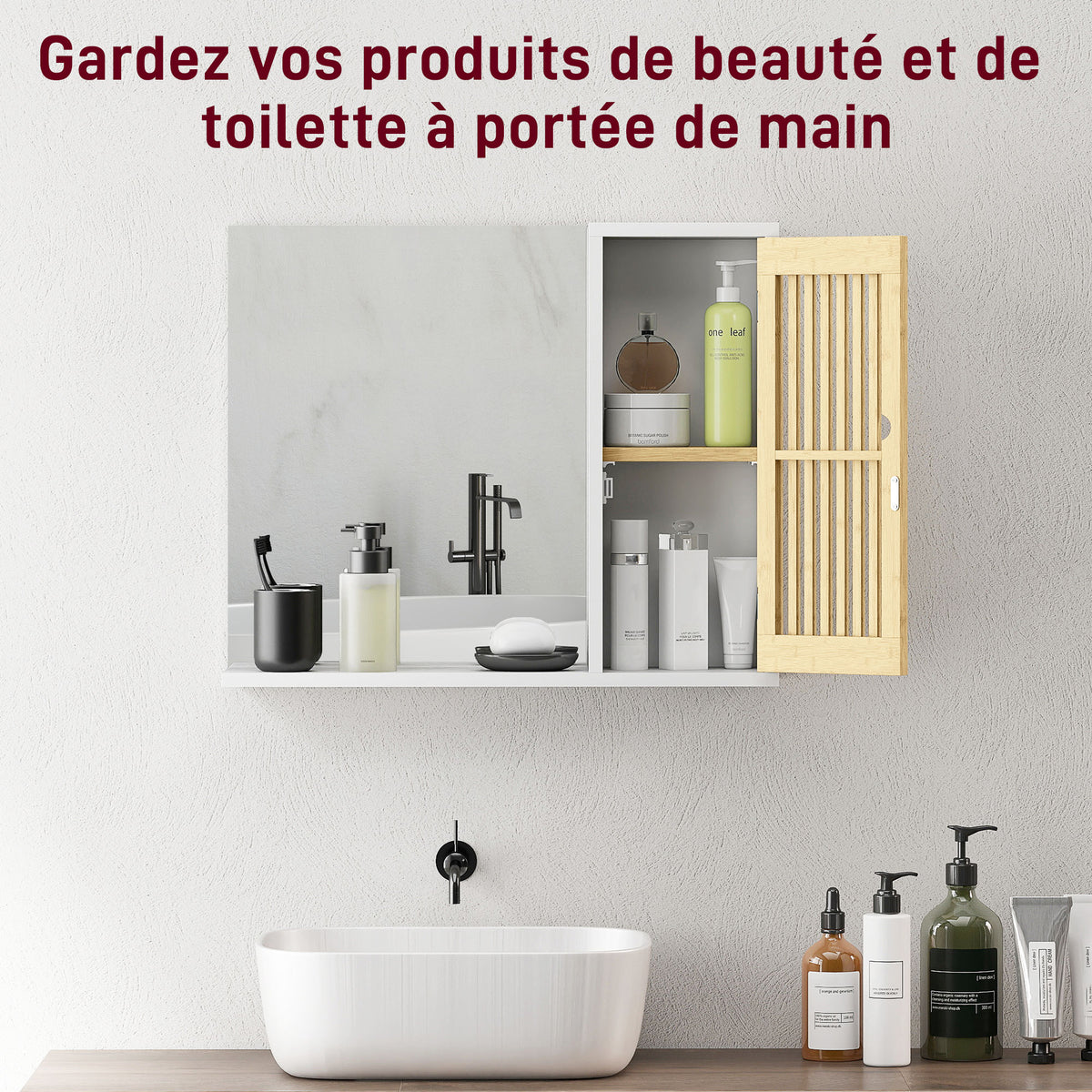 Armoire de salle de bain avec miroir, étagère, porte à lattes en bambou et étagère réglable, blanc-4