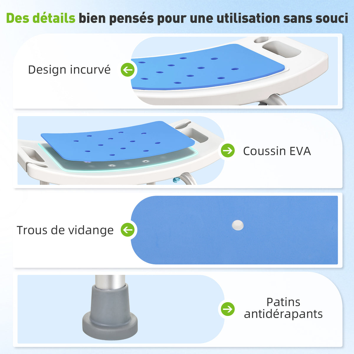 Siège de Douche réglable en Hauteur Tabouret de Douche Ergonomique Pieds antidérapants Charge Max. 135 Kg alu HDPE Blanc Bleu-4