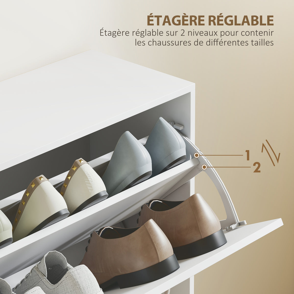 Armoire à Chaussures Meuble à Chaussures Grande Taille dim. 120L x 24l x 81H cm 4 Portes abattantes Double Niveau en Bois Blanc-4
