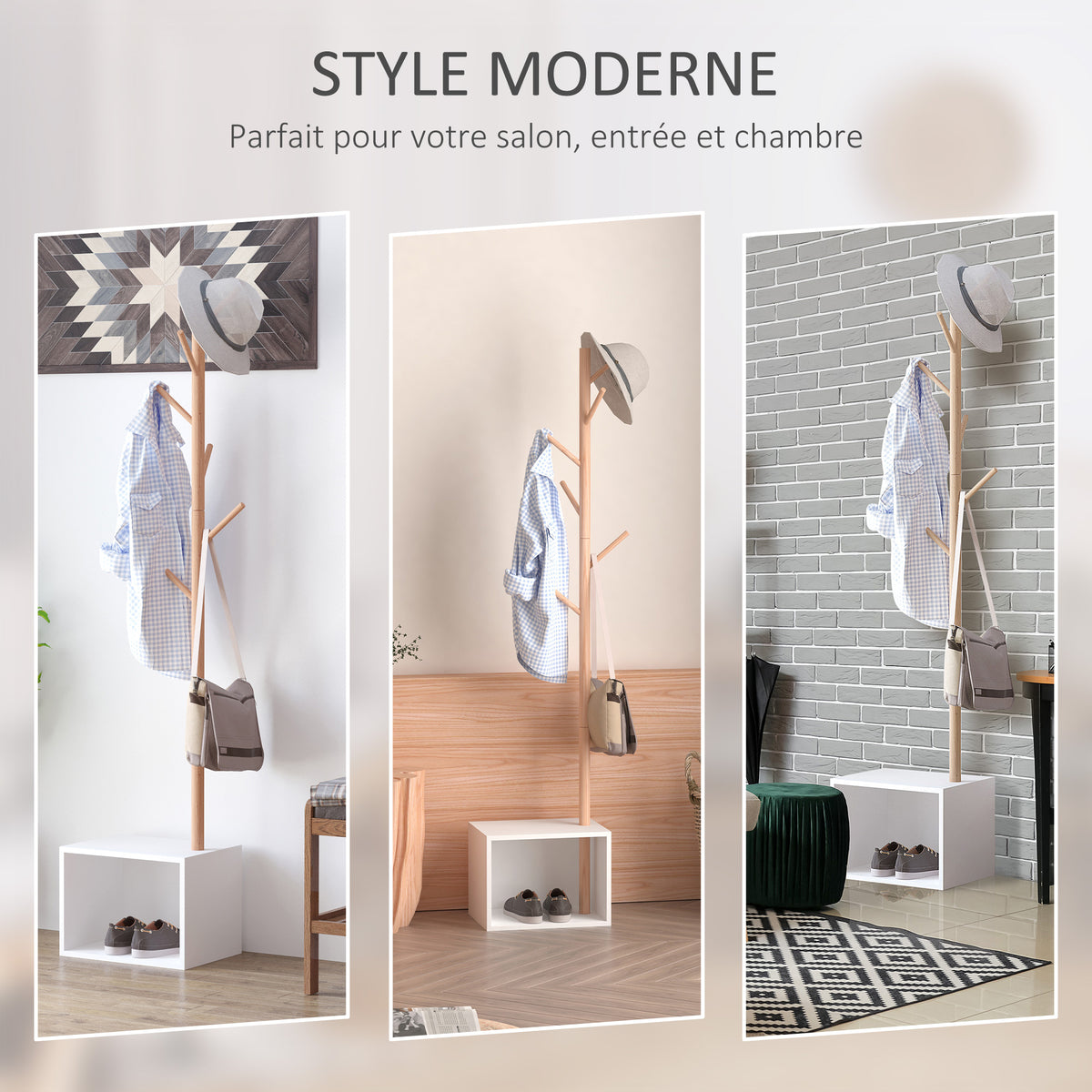 Meuble rangement porte-manteaux 2 en 1 cosy 40L x 30l x 180H cm MDF blanc bois massif bambou-3