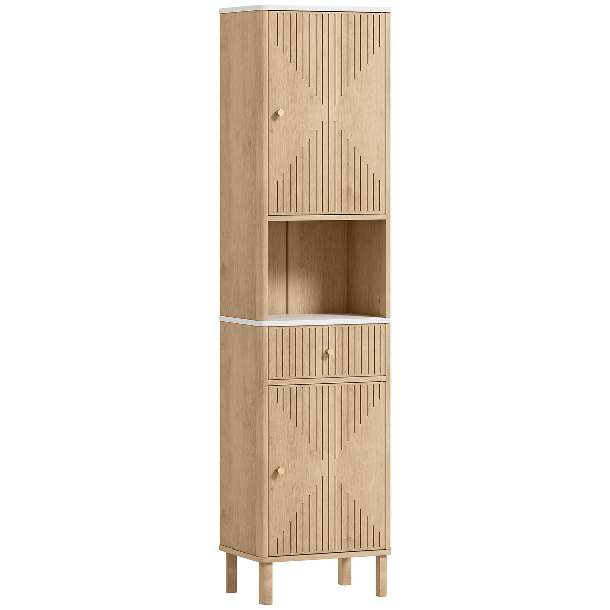 Armoire salle de bain haute meuble de rangement colonne avec tiroir coulissant silencieux 2 placards 41,5x30x168cm chêne-0