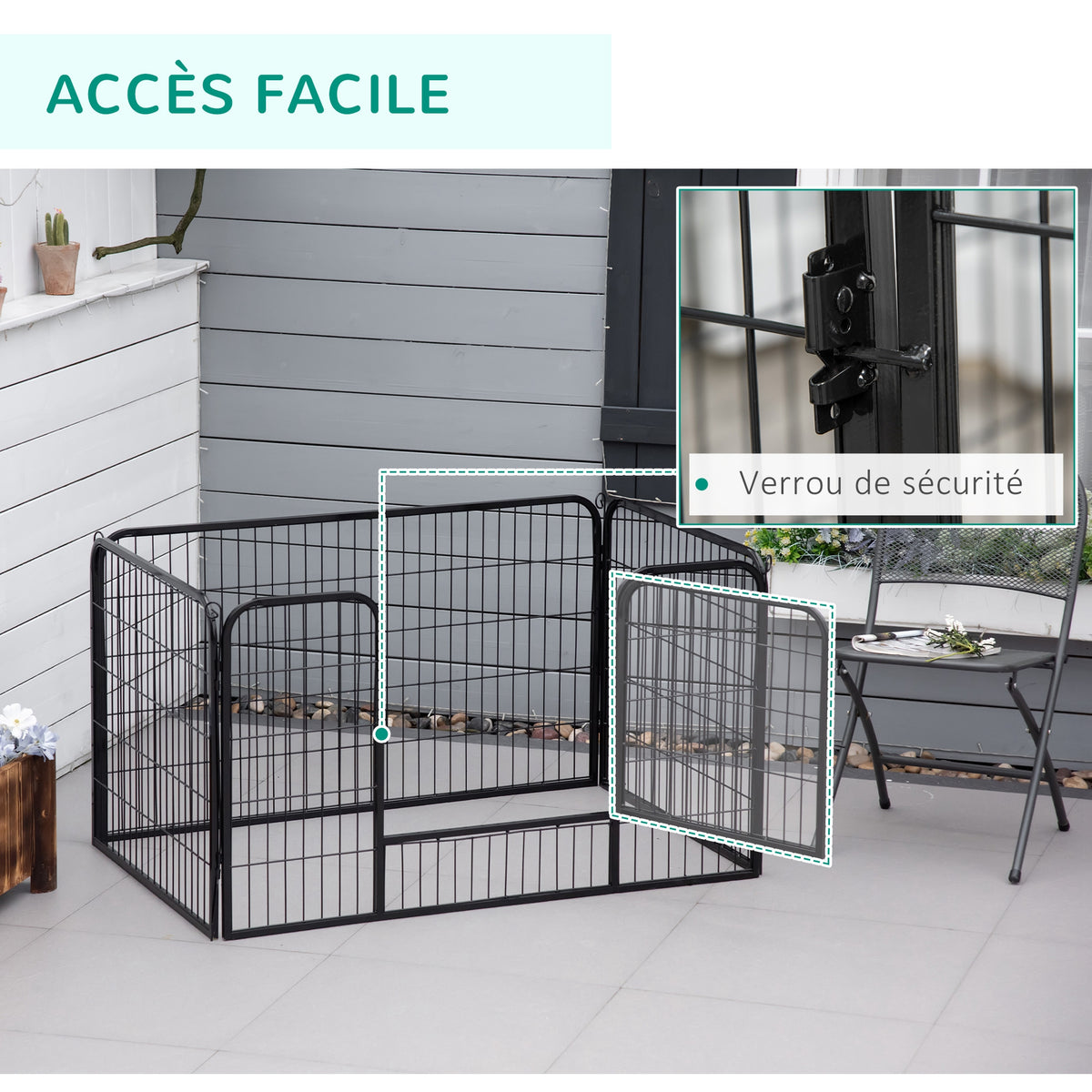Luxe parc enclos modulable acier 4 panneaux et 1 porte pour chiens, lapins, rongeurs, petits animaux, intérieur et extérieur 125L x 70H cm noir-5
