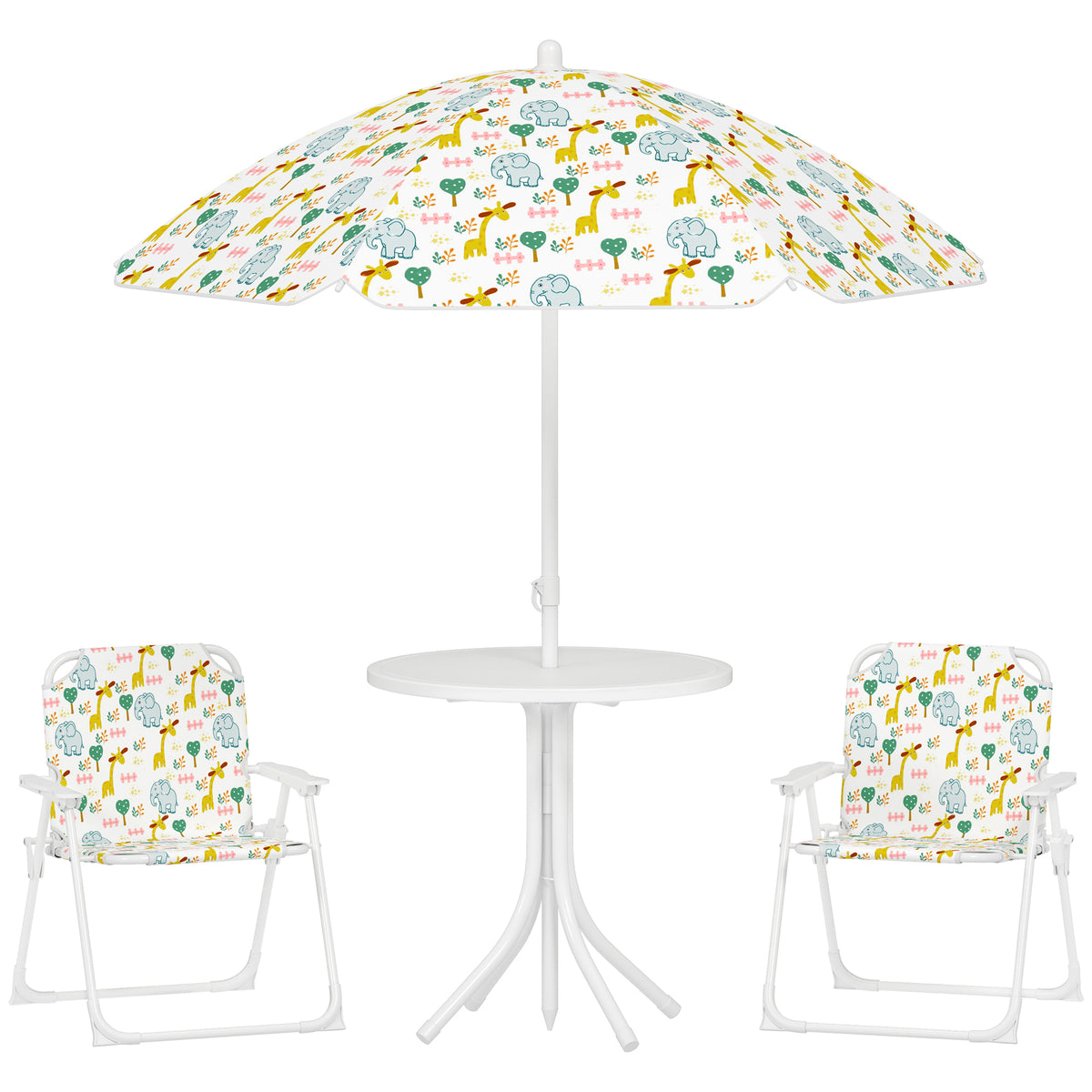 Ensemble salon de jardin extérieur enfant 4 pièces, motif éléphant et girafe, parasol réglable Ø 100 cm, chaise pliable-0