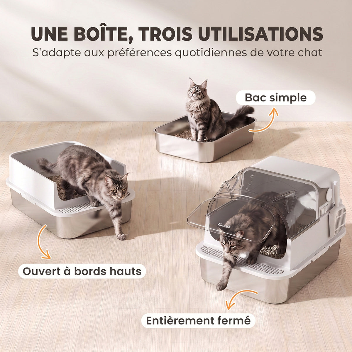 Bac à Litière pour Chat en Acier Inox avec Couvercle 3 en 1 Bords Hauts Pelle et Sacs Anti-Odeur XL 70x50x46cm Blanc-4