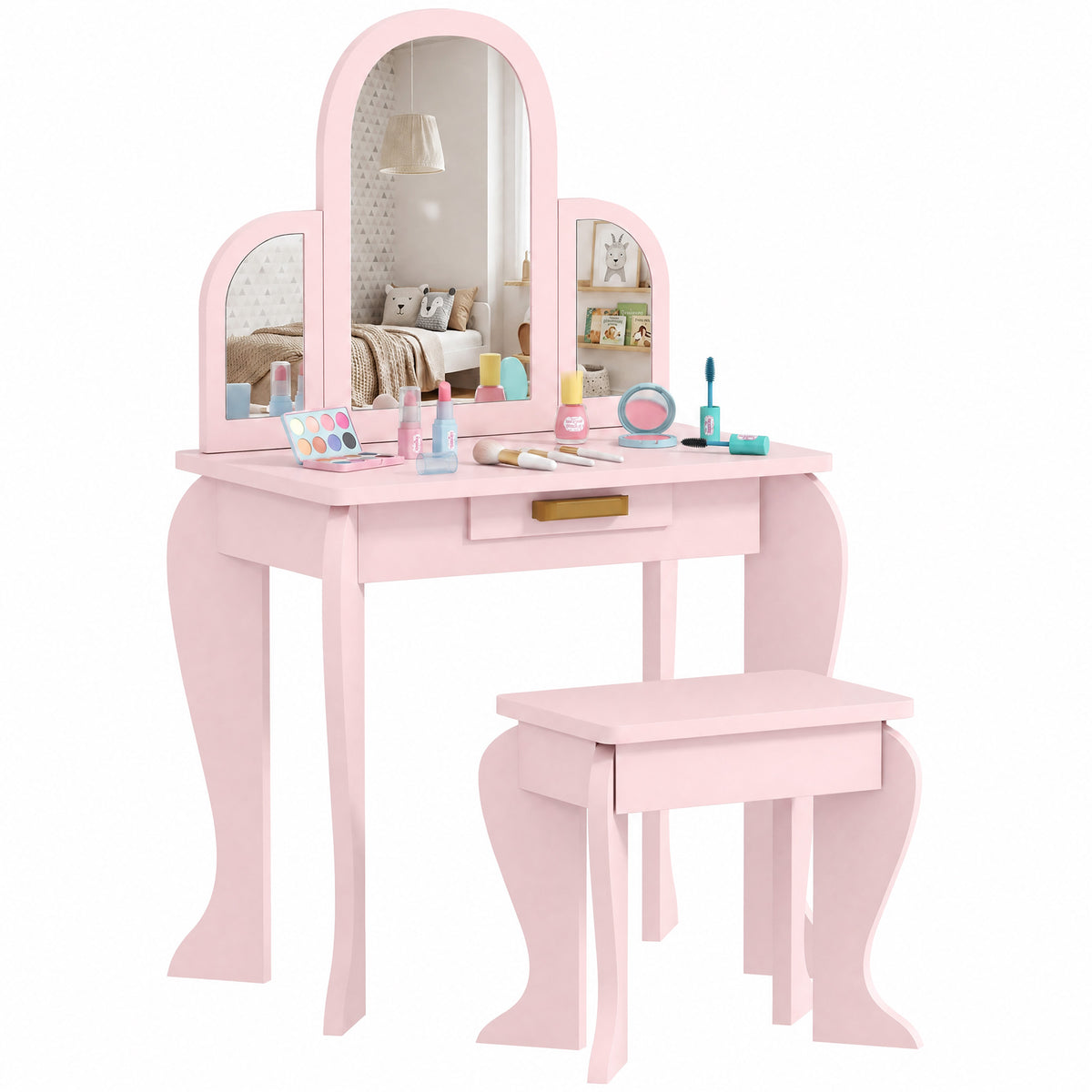 Coiffeuse pour enfant avec tabouret 3 miroirs et tiroir 3 à 6 ans 52 x 32 x 85 cm rose-0