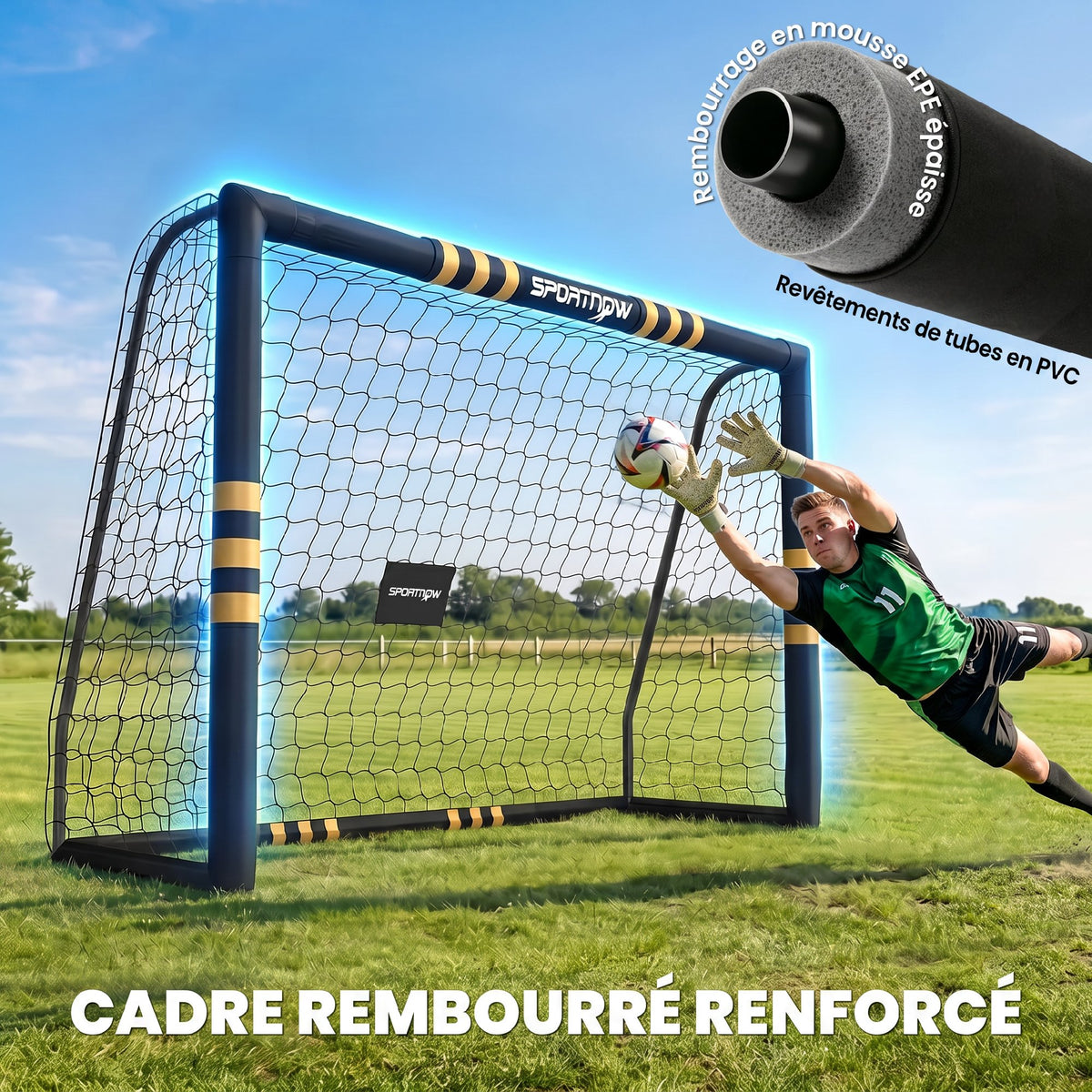 But de Football avec Mousse de Protection, 6 Piquets de Sol et Filet en PE, 240x85x160cm, Jaune-4