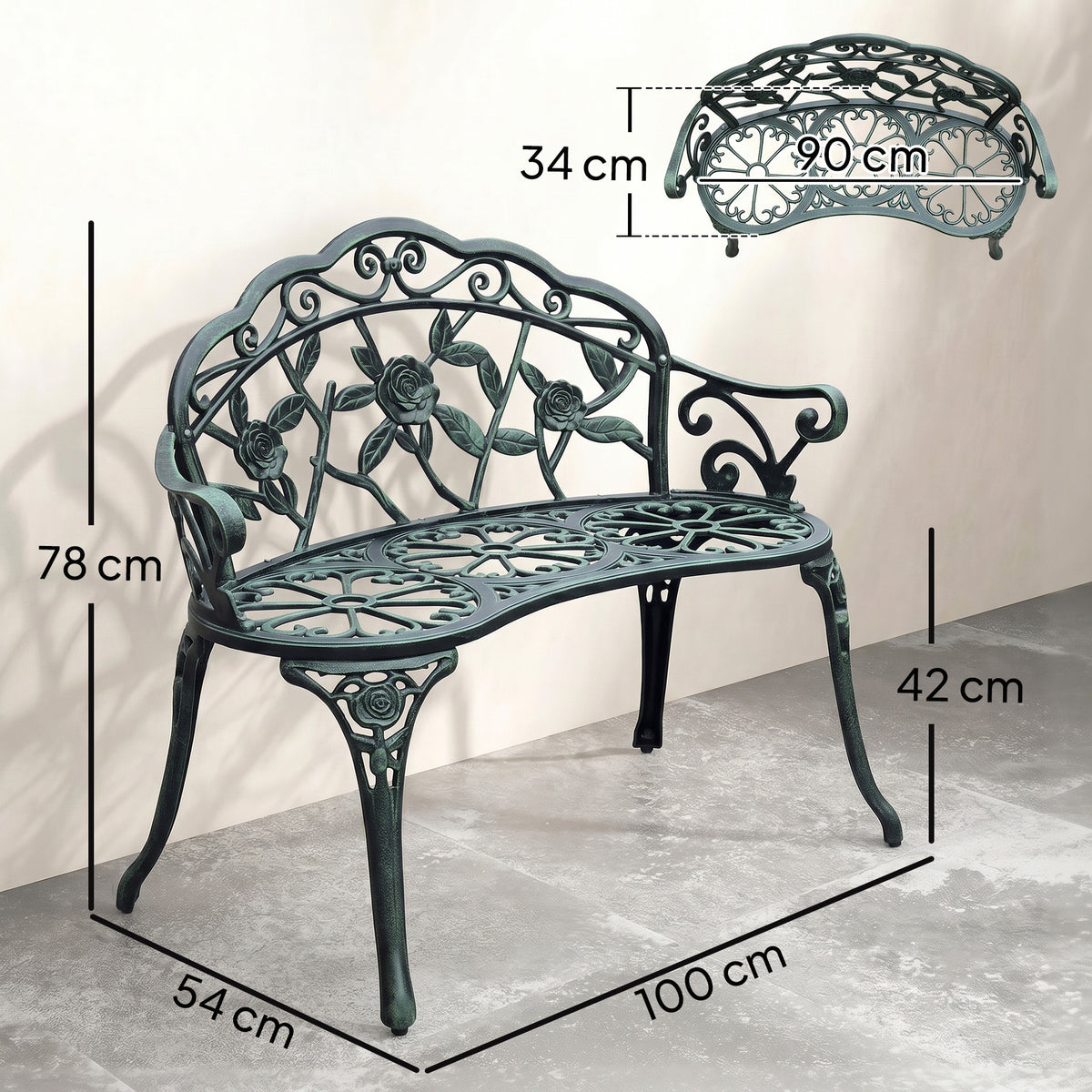 Banc de Jardin 2 Places Style néo-rétro Motif Rose Lignes fuselées 100L x 54l x 78H cm Fonte d'aluminium Vert-2