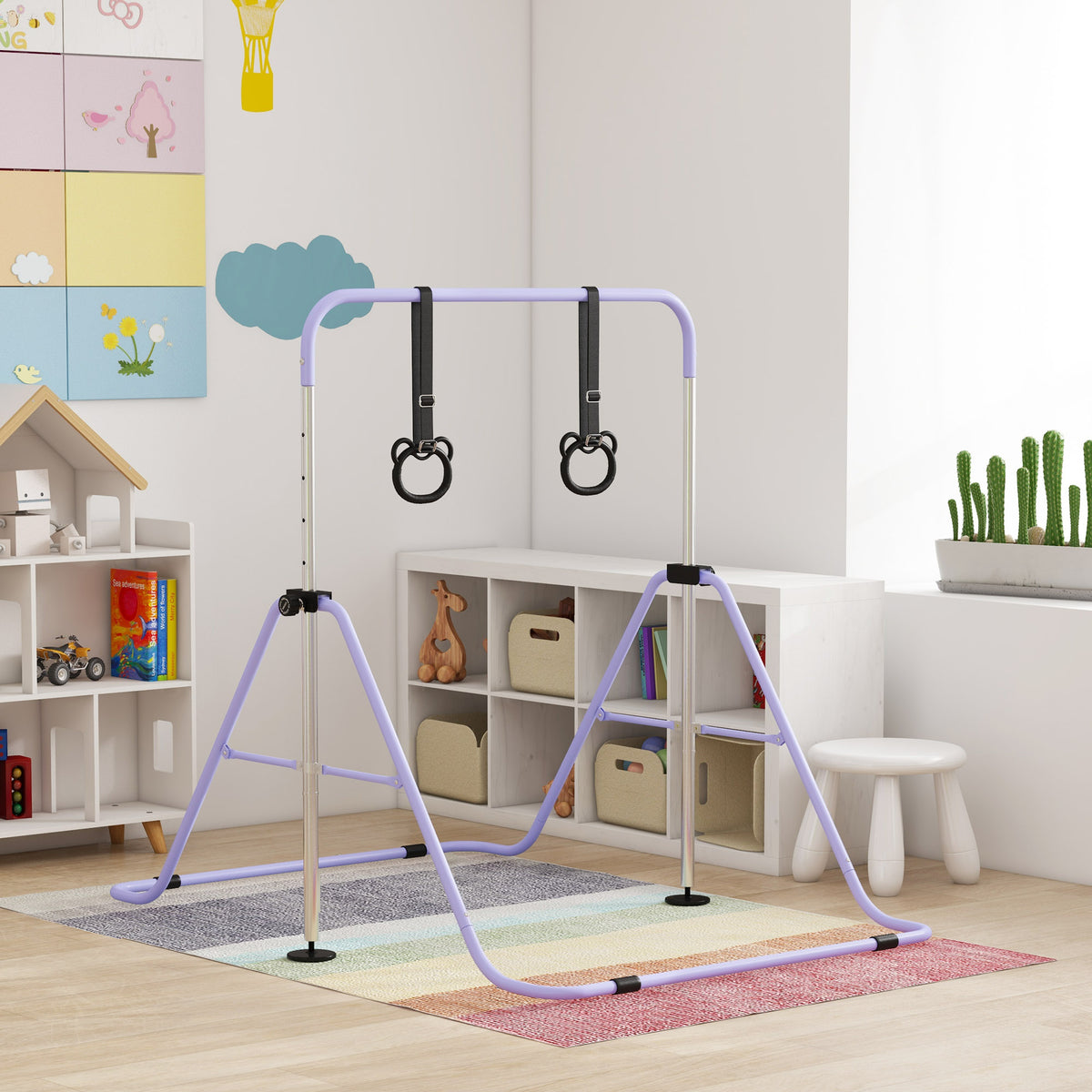 Barre de gymnastique pour enfants, barre horizontale pliable à hauteur réglable avec anneaux de gymnastique, violet-9