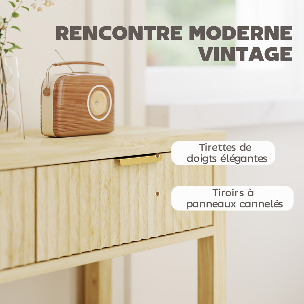 Console meuble 90 cm, table console étroite avec 2 tiroirs rainurés et étagère, style moderne, bois naturel-4