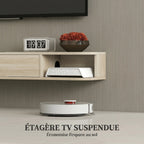 Meuble TV suspendu, meuble télé pour téléviseur jusqu'à 60 pouces, tiroir rabattable 2 étagères 140x24x16cm bois naturel-3