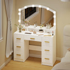Coiffeuse avec Miroir, Lumières LED Réglable 3 Couleurs, 7 Tiroirs, 3 Compartiments Ouverts, 110 x 40 x 150 cm, Blanc-9