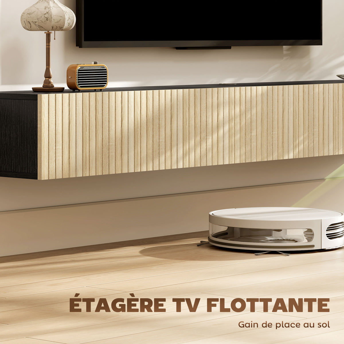 Meuble TV suspendu 140cm, meuble télé pour téléviseur 72 pouces, 2 portes rabattables, 140x25x22cm, bois naturel et noir-3