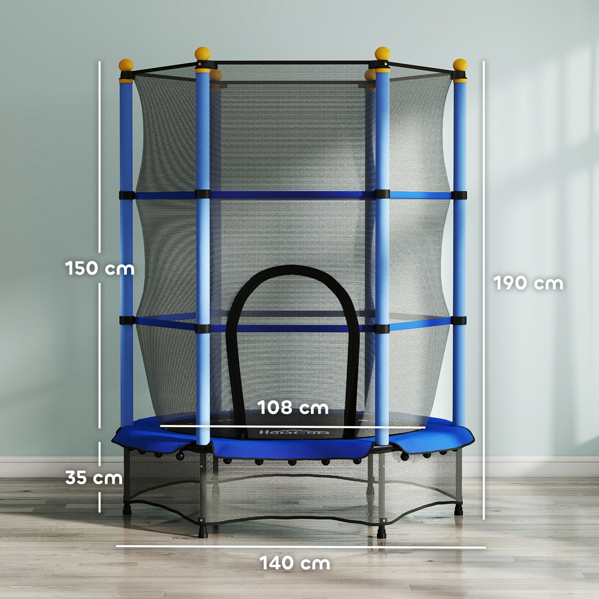 Trampoline Enfant Ø 1,40 × 1,90H m Filet de sécurité Porte zipée Couvre-Ressorts 6 poteaux rembourrés Inclus Bleu-2
