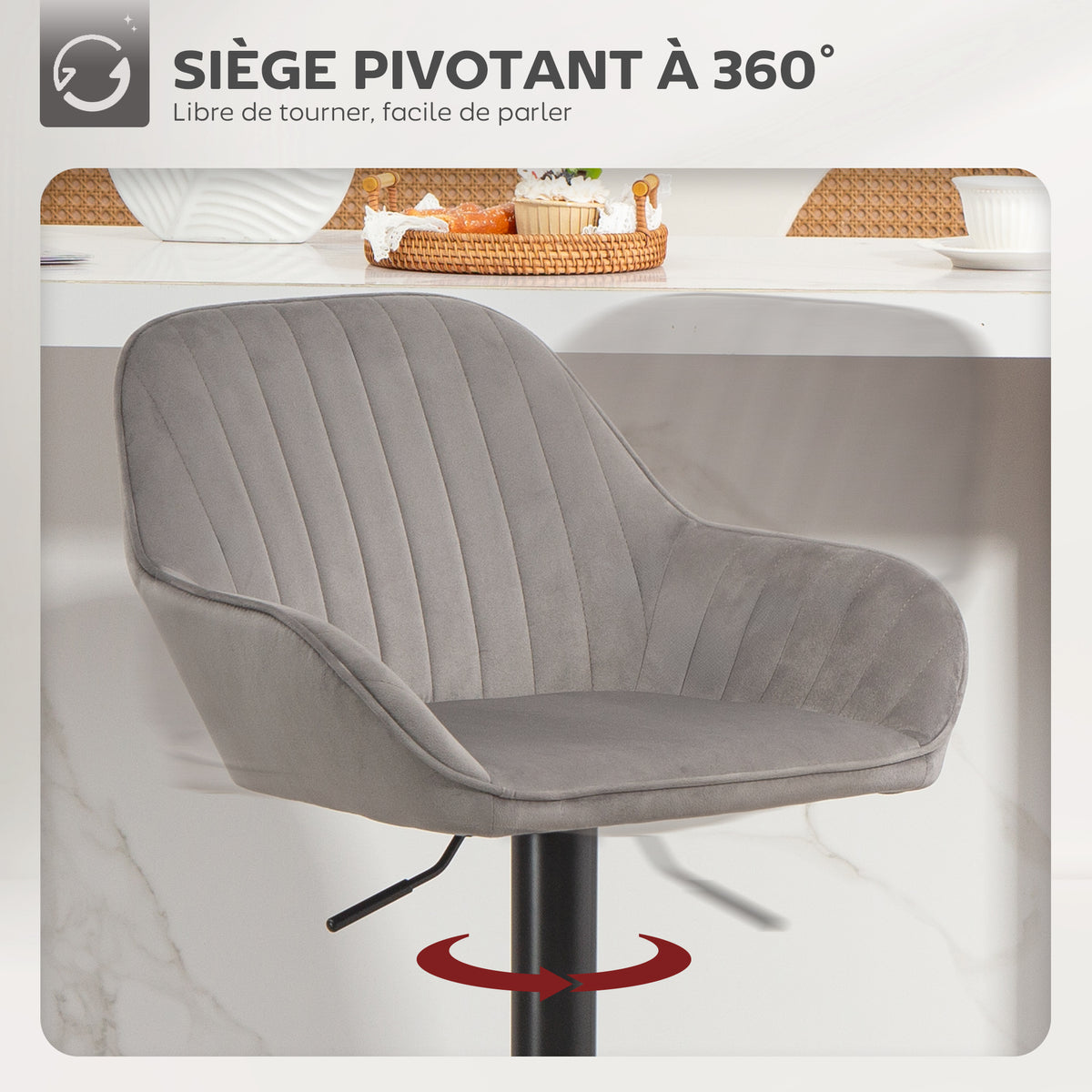 Lot de 2 tabourets de bar, chaises de bar en velours avec dossier, repose-pieds, hauteur réglable et pivotante gris-4