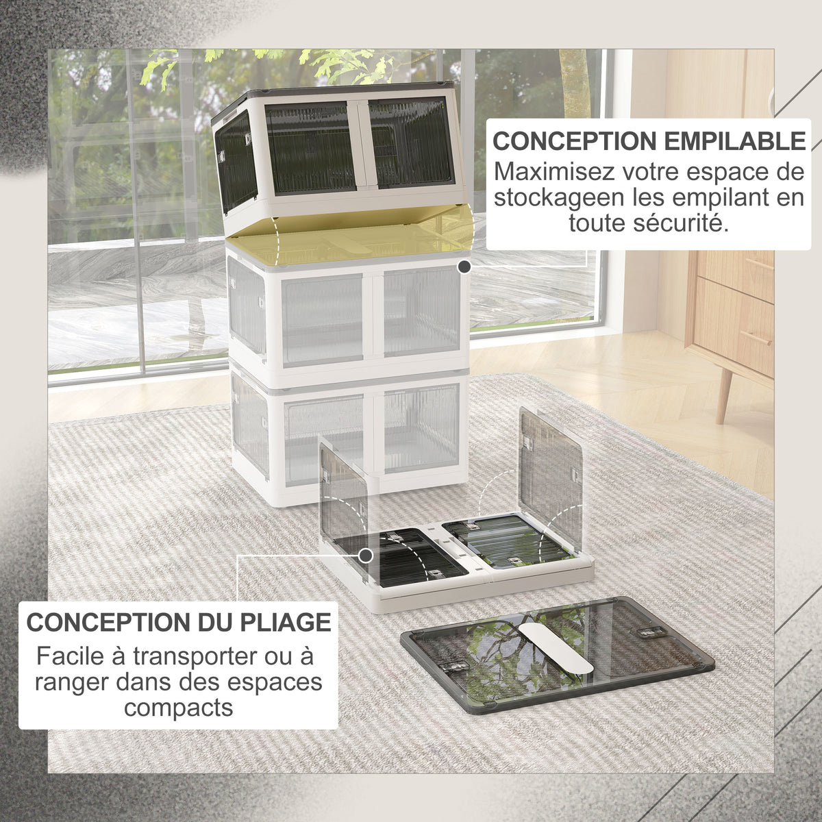 Boîte de rangement pliable et empilable 99L en plastique avec couvercle et 4 roulettes, accès à 5 côtés, blanc-3