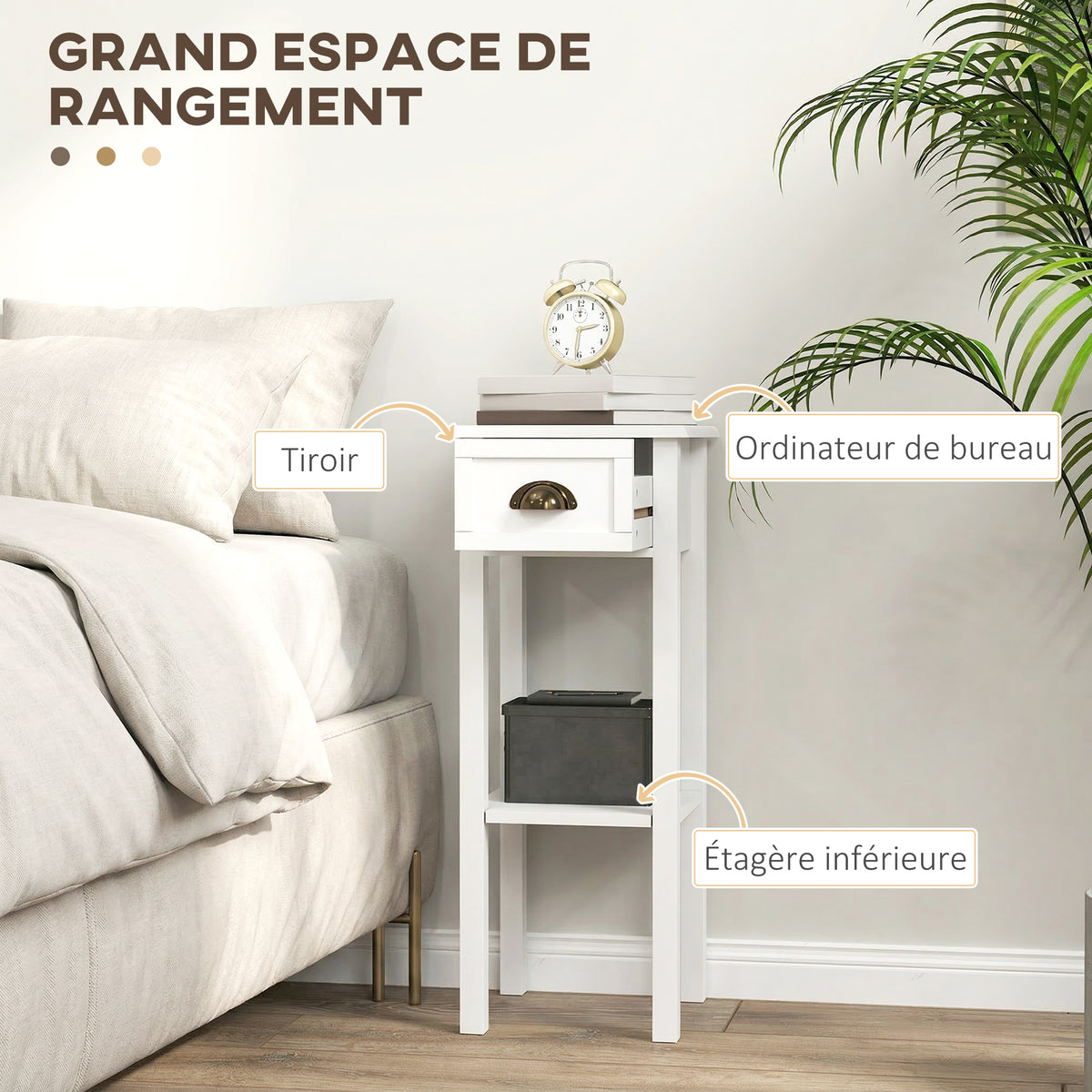 Lot de 2 tables d'appoint Table de Chevet style sophistiqué avec tiroir, étagère inférieure, 30 x 30 x 75 cm, blanc-3