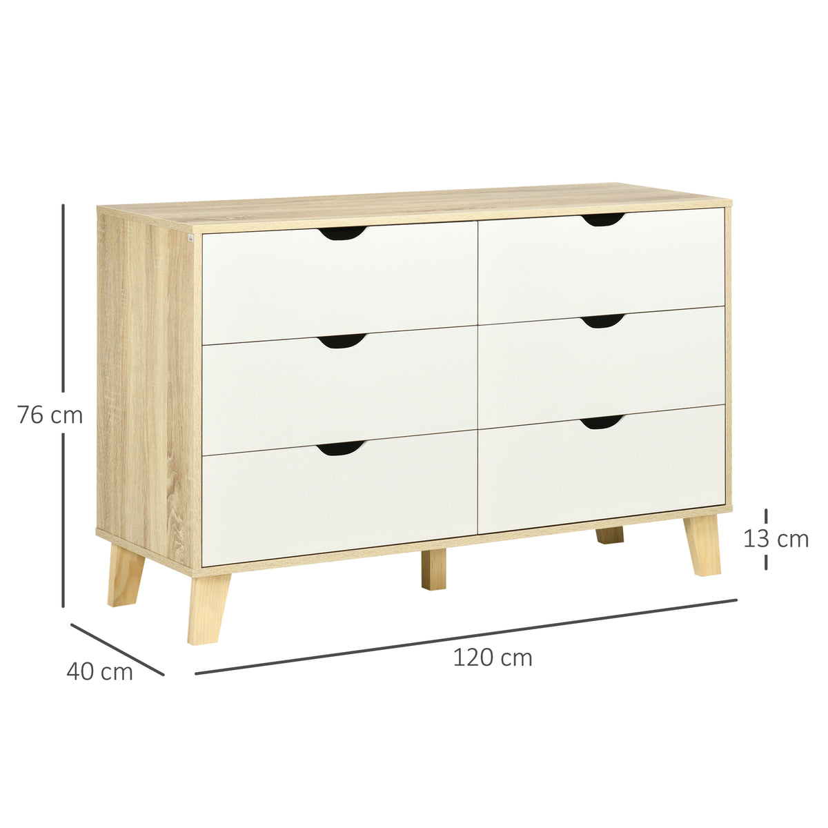 Commode 6 tiroirs style scandinave, meuble de rangement - dim. 120l x 40P x 76H cm, chêne et beige-2