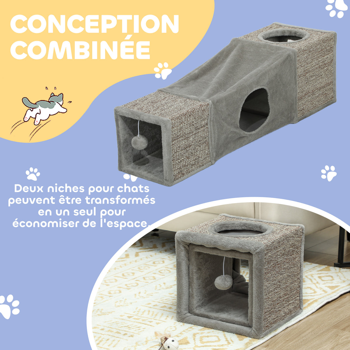Tunnel pour chat intérieur jouets pour chats avec balle suspendue entrées multiples en sisal 98 x 30 x 30 cm gris-3