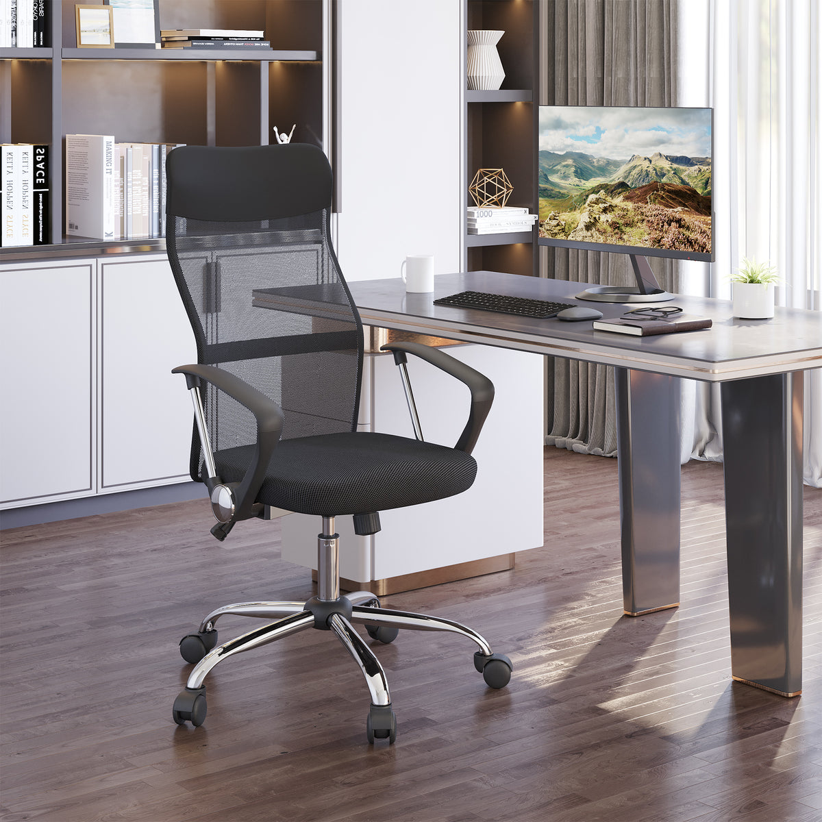 Fauteuil de bureau manager grand confort dossier ergonomique hauteur assise réglable pivotant tissu maille noir-1