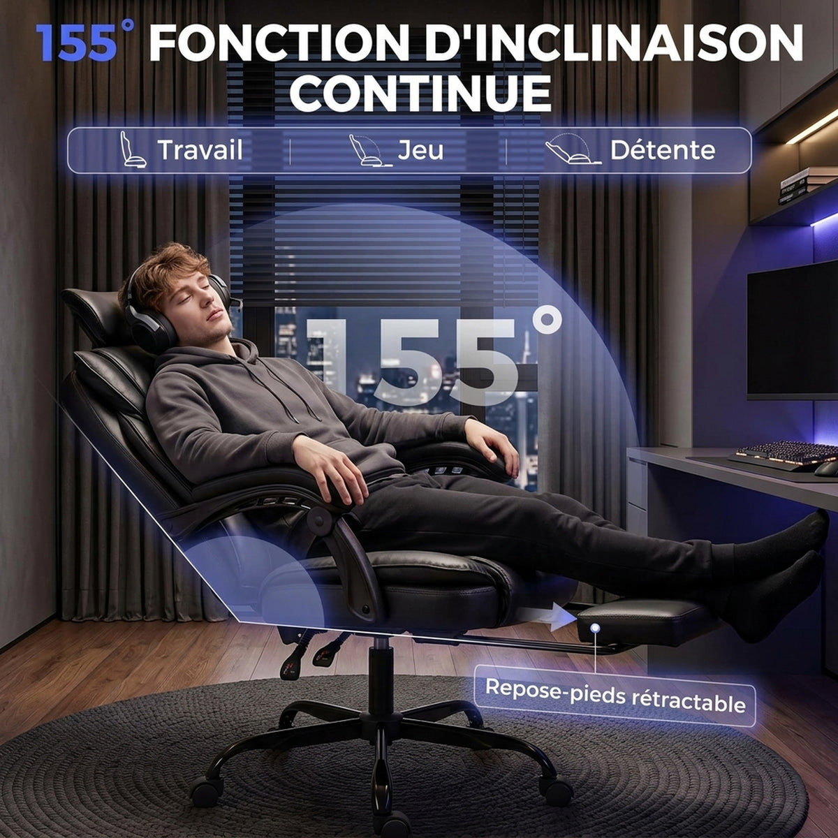 Chaise Gaming Ergonomique, Fauteuil Gaming Inclinable en Cuir Synthétique, Hauteur Réglable, Appui-Tête 2D, Noir-3