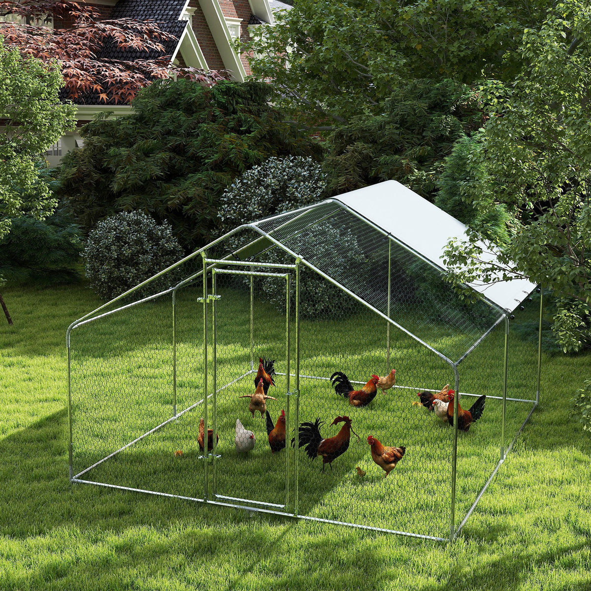 Poulailler, grand poulailler en métal avec couverture imperméable et anti-UV, cage pour 10-15 poules, 3 x 3,4 x 1,9m-9