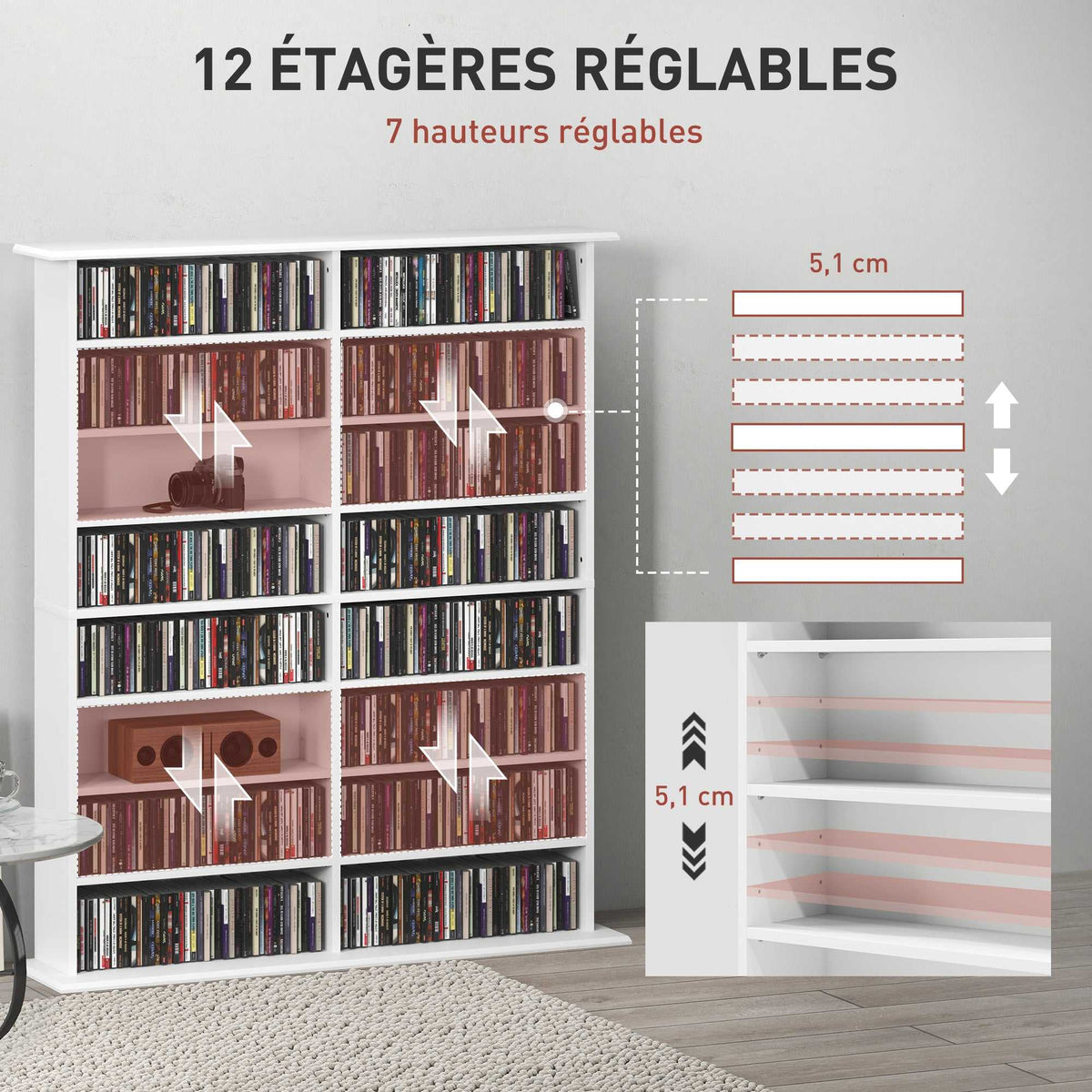 Rangements pour CD et DVD avec 16 compartiments et 12 étagères réglables, capacité max. 720 CD/396 DVD et Blu-ray, blanc-4