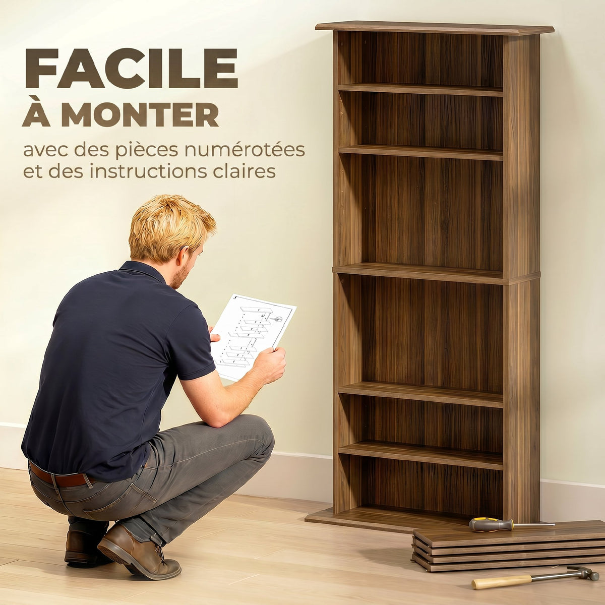 Rangements pour CD et DVD avec 8 compartiments et 6 étagères réglables, capacité max. 360 CD/185 DVD et Blu-ray, noyer-6