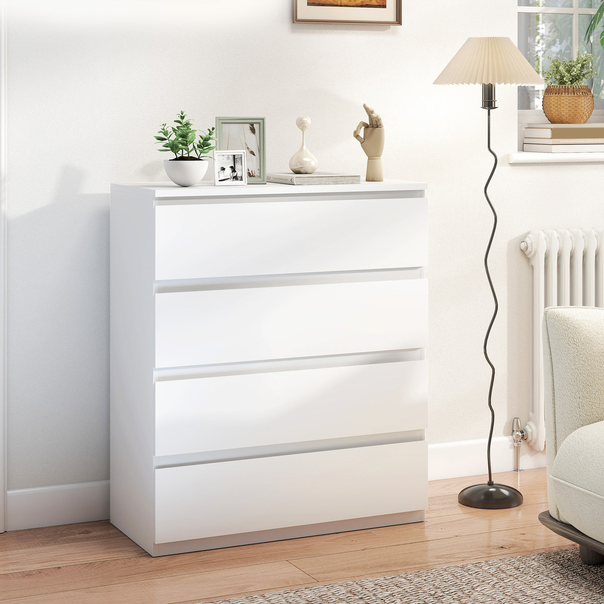 Commode 4 tiroirs, meuble de rangement épuré pour chambre, intérieur, 80 x 39 x 95 cm panneau de particules blanc-8