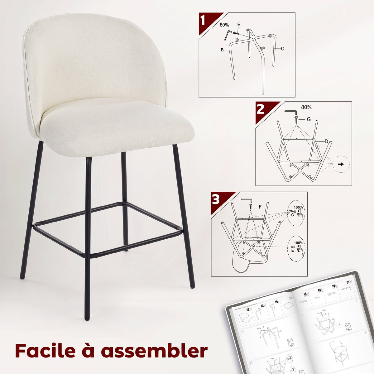 Lot de 2 Tabourets de Bar, Chaises de Bar, Repose-Pieds et Dossier, Tissu Effet Lin, Hauteur d'Assise 68cm, Crème-6