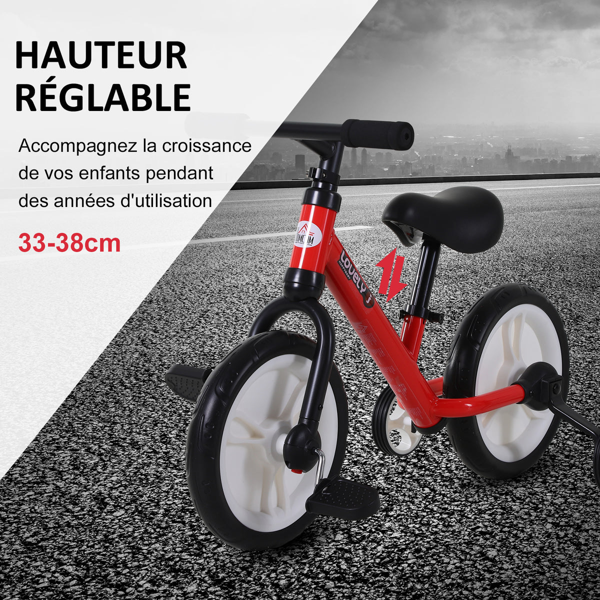 Vélo Enfant draisienne 2 en 1 roulettes et pédales Amovibles Roues 12" Hauteur Selle réglable pour enfants de 2 à 5 ans Acier Rouge-3