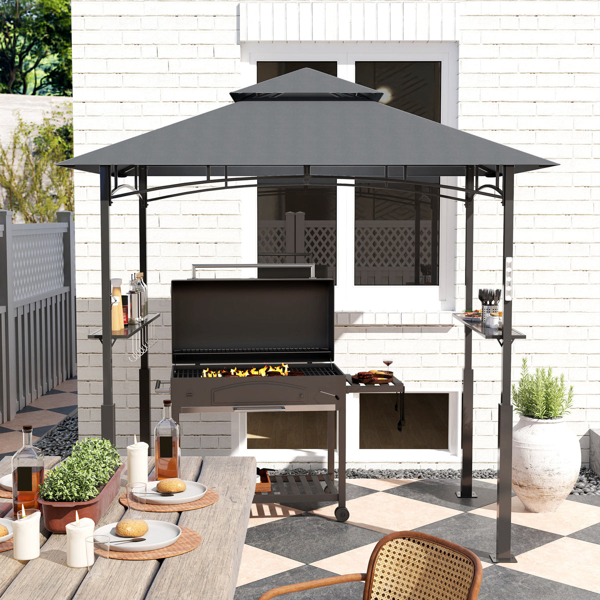 Tonnelle de barbecue à deux niveaux auvent de réception pour jardin avec lumière LED 243 x 148 x 248 cm gris foncé-7