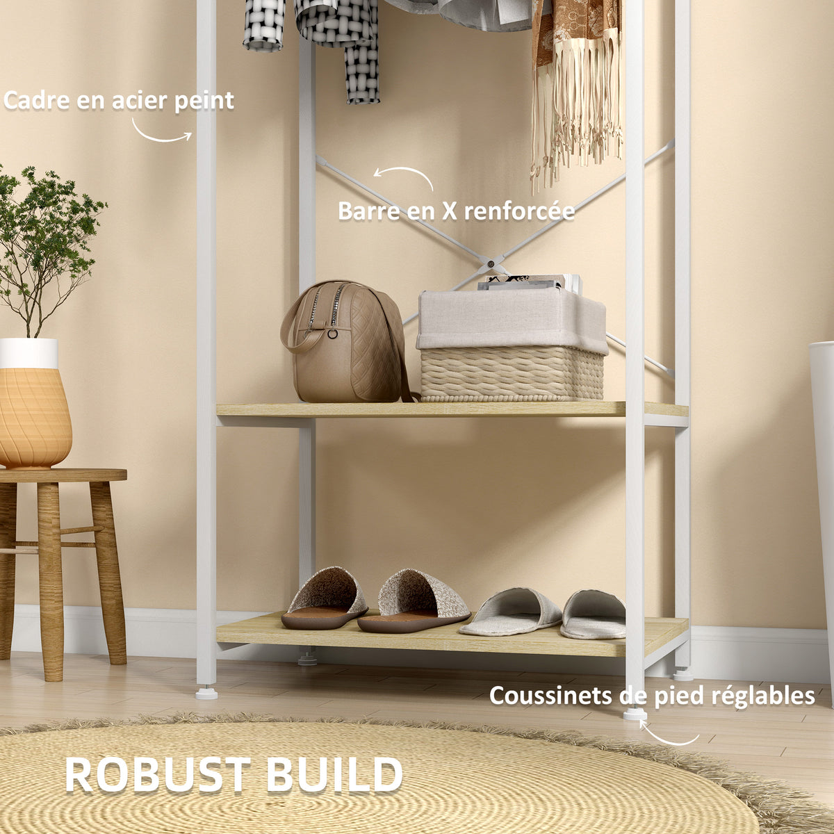 Porte-Manteaux avec tringle et 2 étagère à chaussures 60L x 40l x 167,5H cm Aspect bois Clair métal Blanc-4