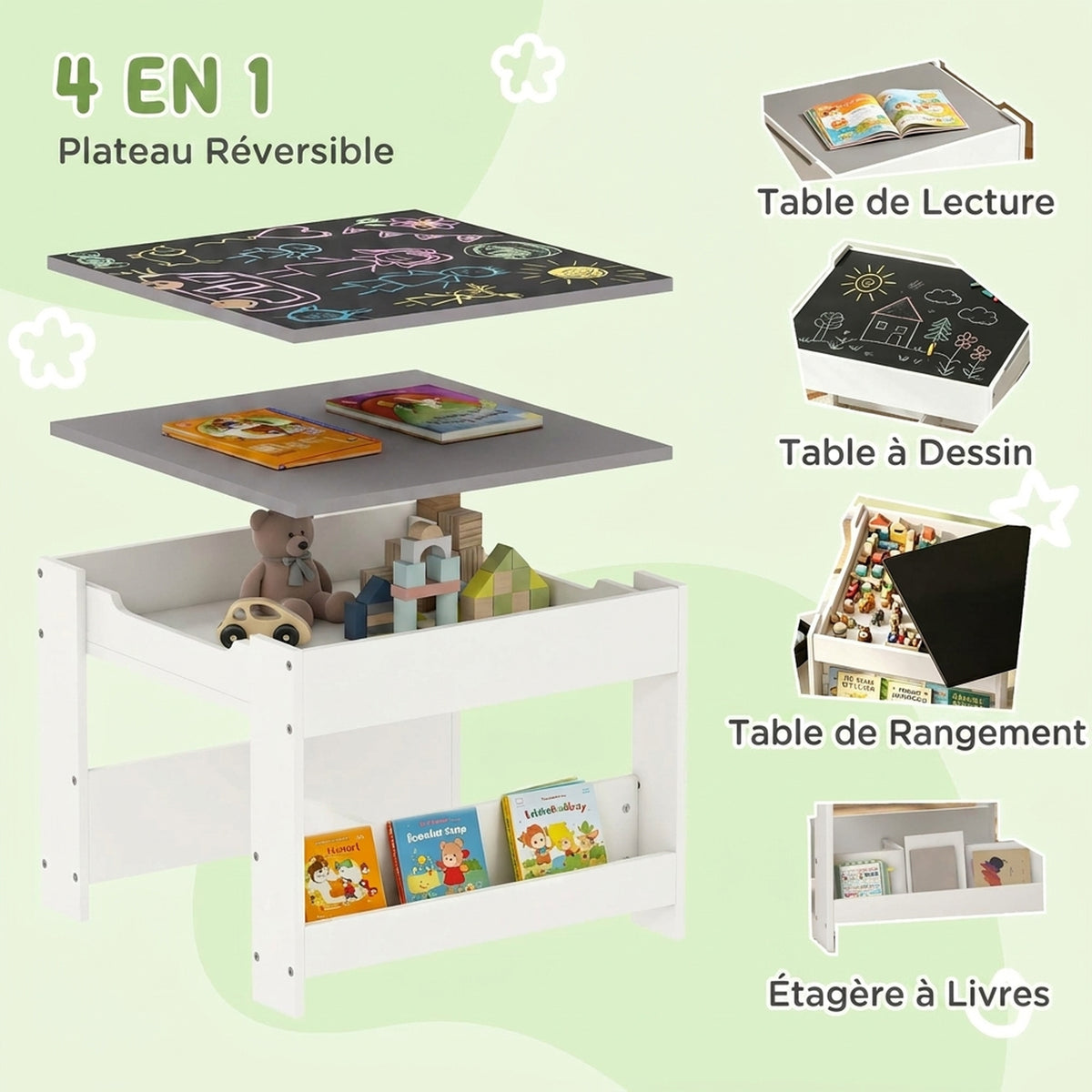Ensemble 3 pièces table et 2 chaises pour enfant avec plateau réversible tableau noir, panier de rangement, étagères-3