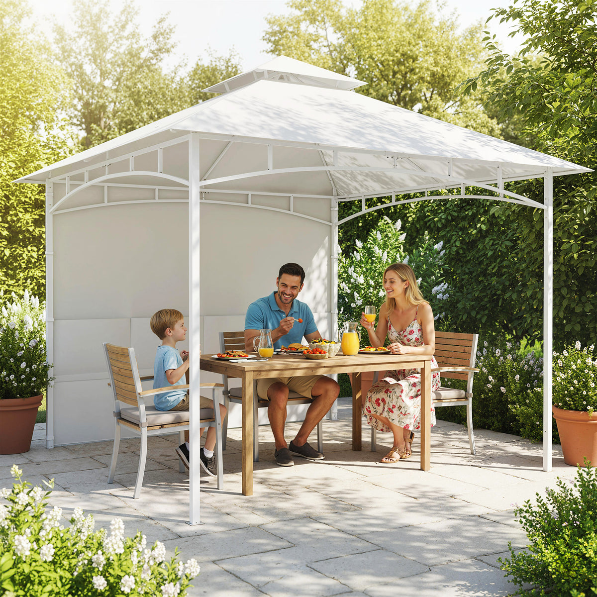Pavillon Tonnelle de Jardin Toit Double Rideaux et Poches de Rangement Crochet de Plafond 3 x 3 m Crème-9