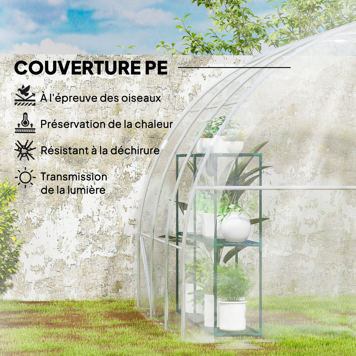 Serre de jardin tunnel 3 x 3 x 2 m 9 m² avec porte à charnières bâche en PE 150 g/m² pour Légumes Plantes Fleurs-3