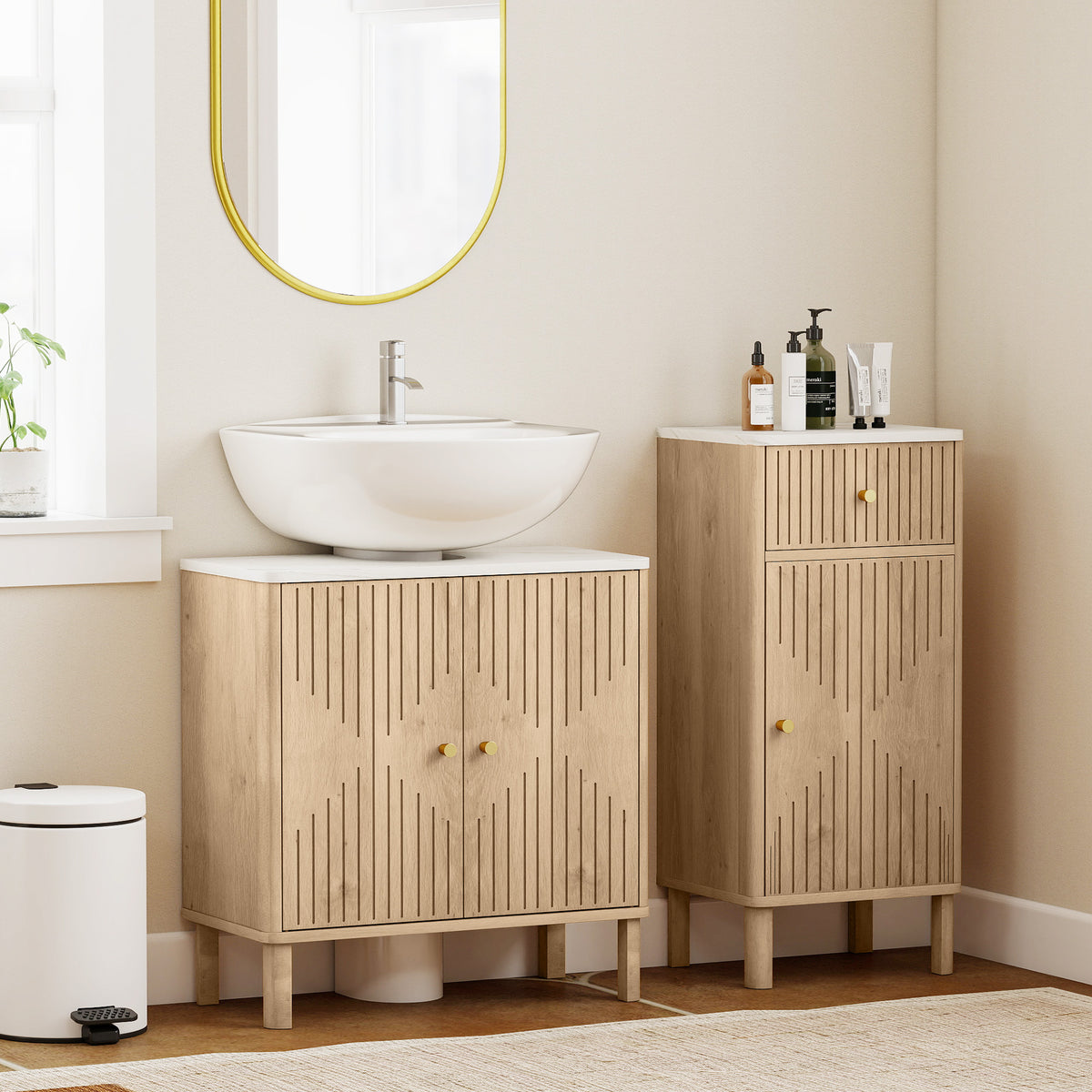 Meuble sous lavabo meuble de salle de bain sous vasque étagère réglable plan de toilette effet marbre 60x30x63cm chêne-9