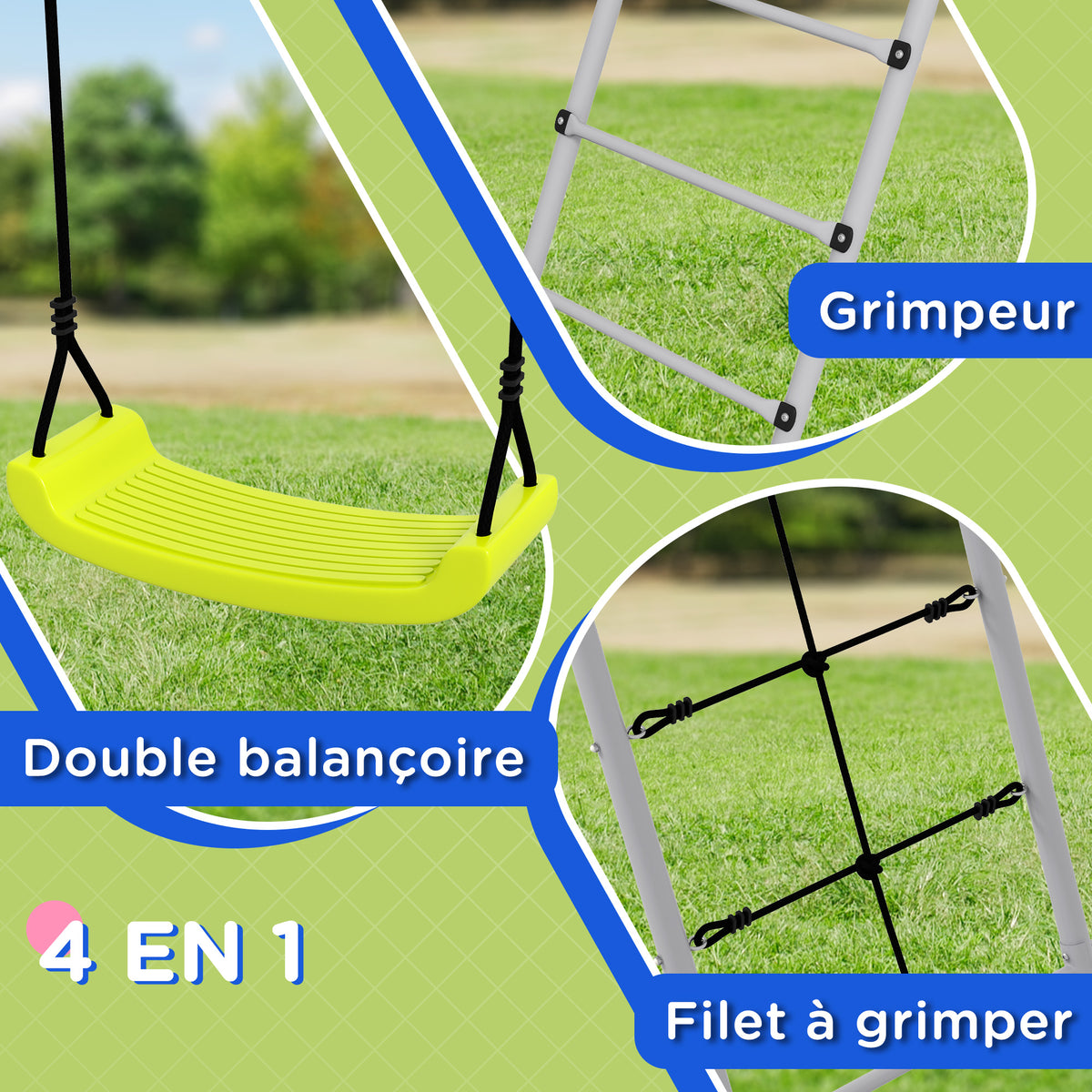 4 en 1 balançoire portique pour enfant avec 2 siège de balançoire échelle grimpeuse et filet d'escalade vert-4